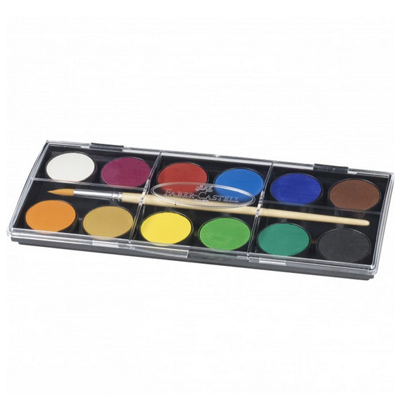 Acuarele pe baza de apa, 12 culori/set, FABER CASTELL, pastila 30 mm si pensula - Papet