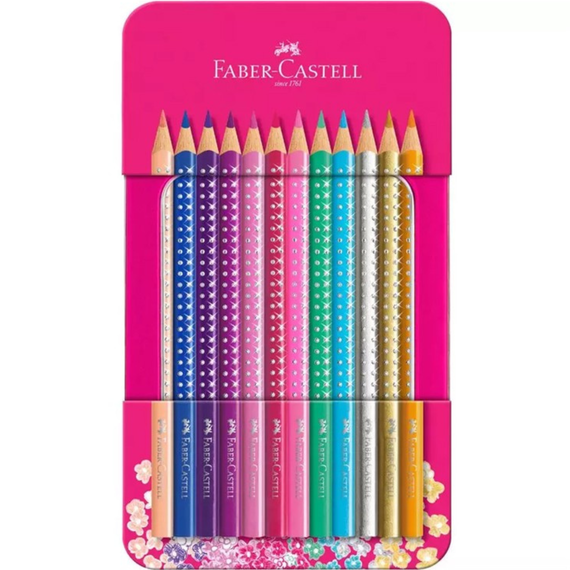 Creioane colorate FABER-CASTELL Sparkle, cutie metalica, 12 culori/set - Papet