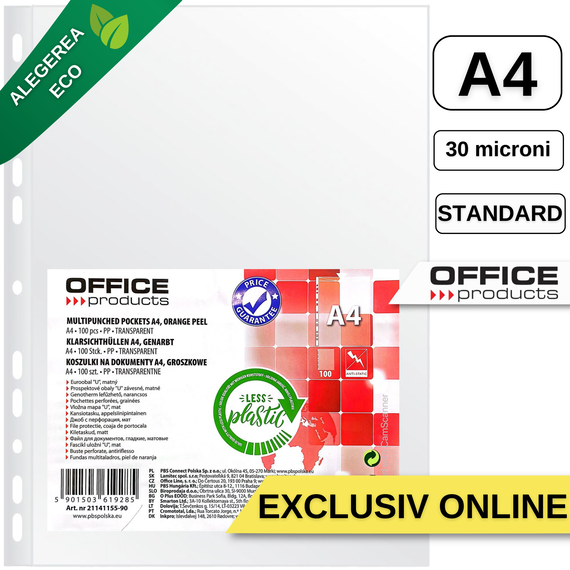 File protectie transparente 30 microni Less Plastic, 100 buc/set A4, OFFICE PRODUCTS - Papet