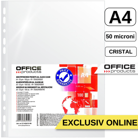 File protectie cristal, 50 microni, 100 buc/set, A4, OFFICE PRODUCTS - Papet