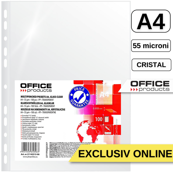 File protectie cristal, 55 microni, 100 buc/set, A4, OFFICE PRODUCTS - Papet