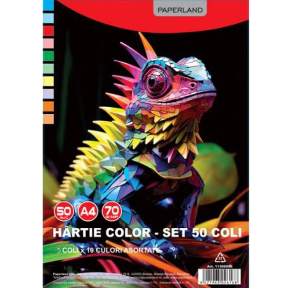 Hartie colorata A4, 10 culori/top, PAPERLAND, 70g/mp, 50coli/top - Papet