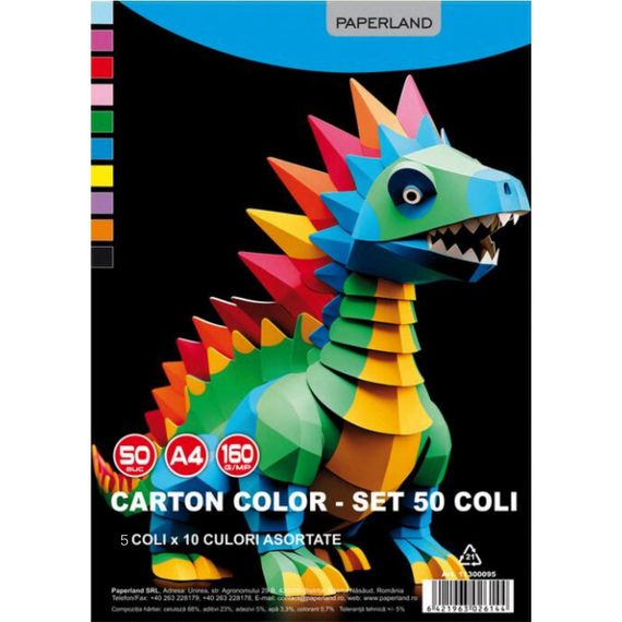 Carton colorat A4, 10 culori/top, PAPERLAND, 160g/mp, 50 coli/top - Papet