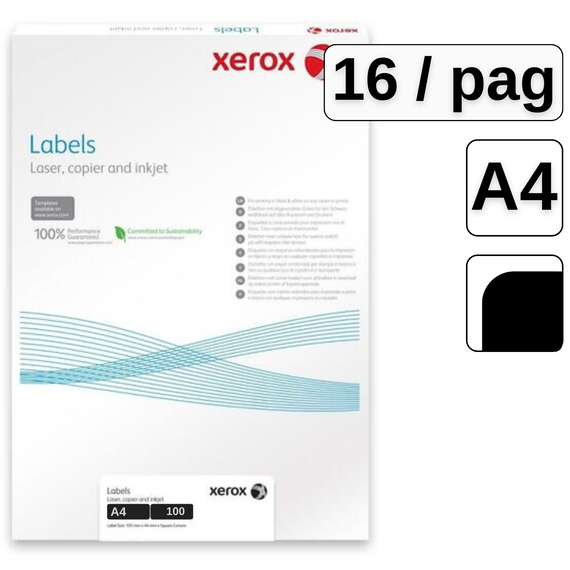 Etichete autocolante albe, colturi rotunde, 16 buc/A4, 100 coli/top, XEROX - Papet