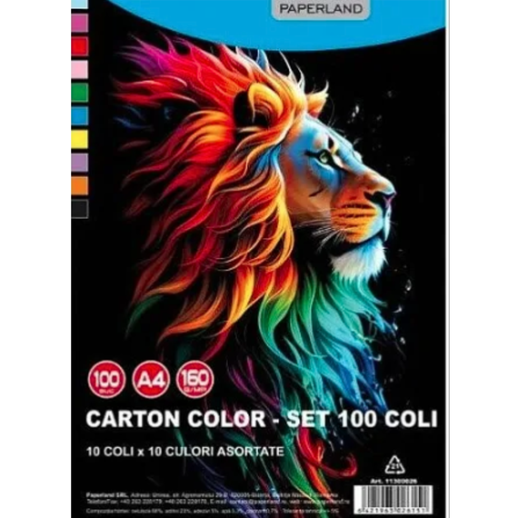 Carton colorat A4, 10 culori/top, PAPERLAND, 160g/mp, 100 coli/top - Papet