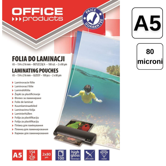 Folie laminare A5, 80 microni, 100 buc/top, OFFICE PRODUCTS - Papet