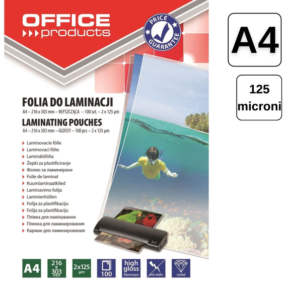 Folie laminare A4, 125 microni, 100 buc/top, OFFICE PRODUCTS - Papet