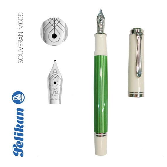 Stilou cu penita aur 14K, accesorii placate cu argint, PELIKAN Souveran M605 M, Alb-Verde - 2Papet