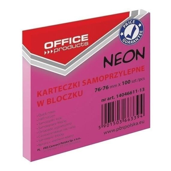 Notes autoadeziv 76 x 76 mm, 100 file, culori neon, OFFICE PRODUCTS, ALEGE CULOAREA: Roz neon - 2Papet
