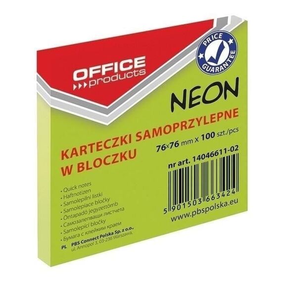 Notes autoadeziv 76 x 76 mm, 100 file, culori neon, OFFICE PRODUCTS, ALEGE CULOAREA: Verde Neon - 2Papet