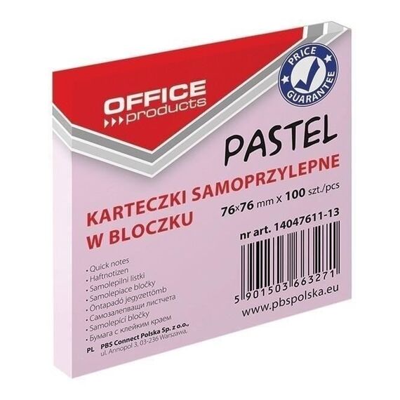 Notes autoadeziv 76 x 76 mm, 100 file, culori pastel, OFFICE PRODUCTS, ALEGE CULOAREA: Roz pastel - 2Papet