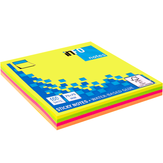 Notes autoadeziv 75 x 75 mm, 100 file, culori mix neon, INFO NOTES - Papet