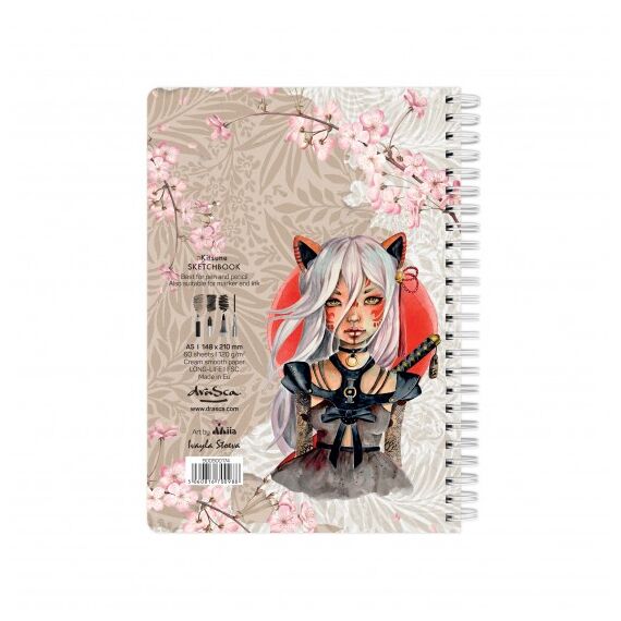 Caiet de schite A6 cu spirala, 80 g/mp, 80 file, DRASCA, Model: Kitsune - 3Papet