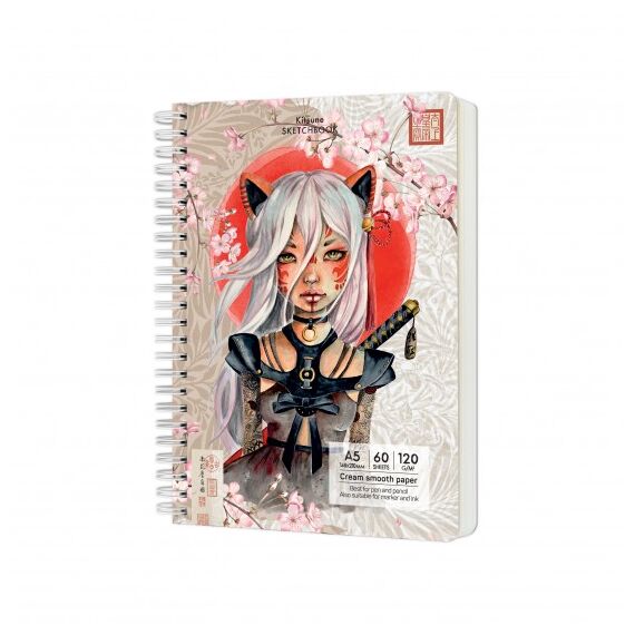 Caiet de schite A5 cu spirala, 120g/mp, 60 file, DRASCA, Model: Kitsune - Papet