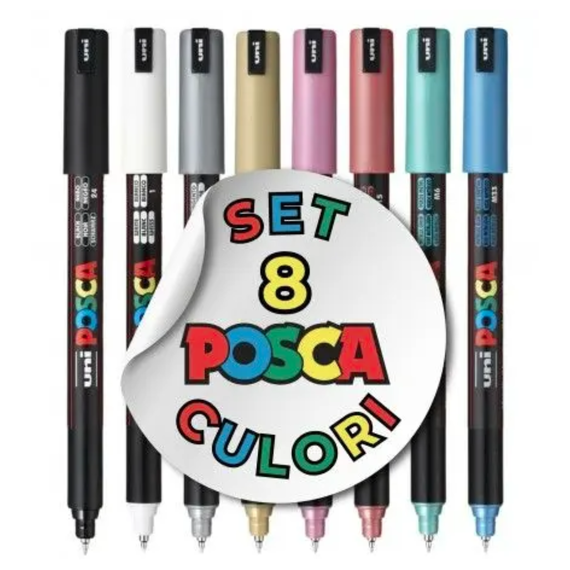 Marker UNI PC-1MR cu varf metalic  0.7 mm, POSCA , set 8 culori - 2Papet