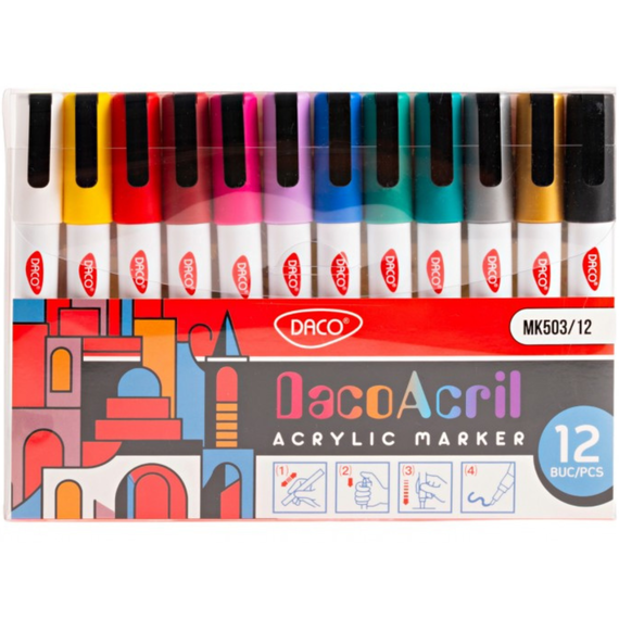 Marker cu vopsea acrilica DACO, 12 culori/set - Papet