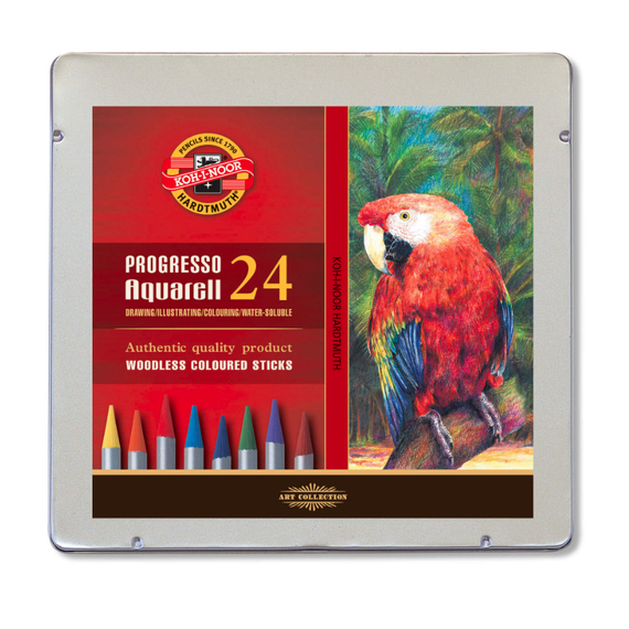 Creioane colorate fara lemn, KOH-I-NOOR Progresso Aquarell, cutie metalica, 24 culori/set - 2Papet