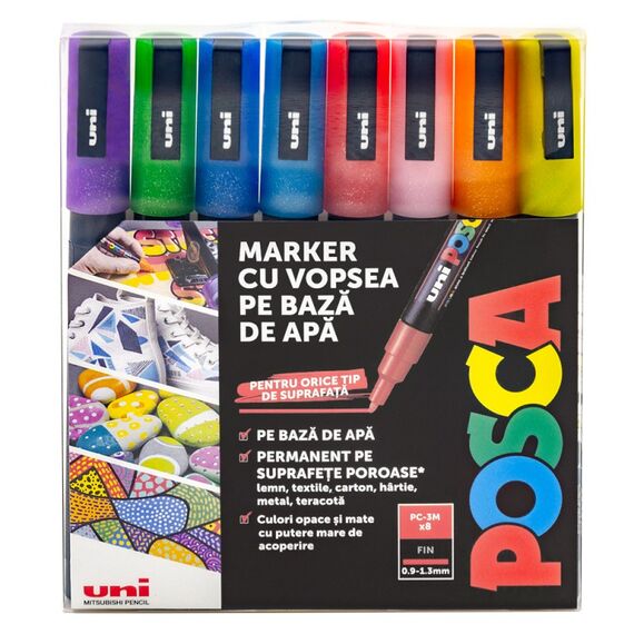Marker Uni POSCA PC-3ML, 0.9-1.3 mm, set 8 culori cu sclipici - Papet