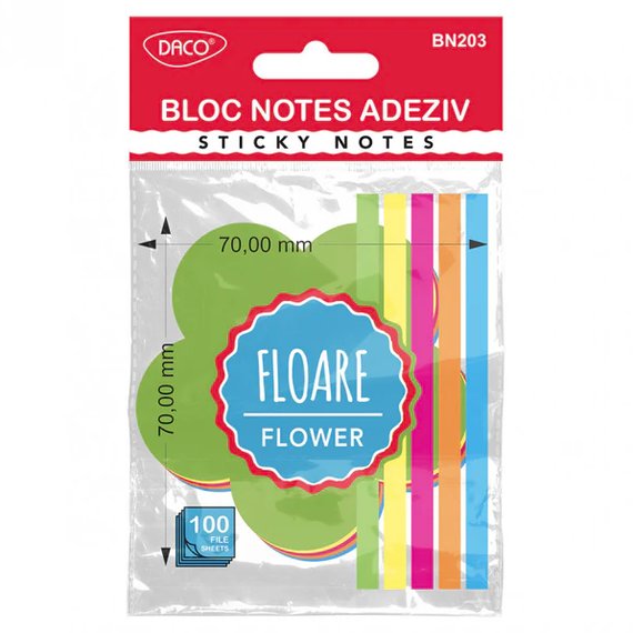 Notes autoadeziv forma FLOARE, 70x70mm, 100 file, 5 culori neon, DACO - Papet