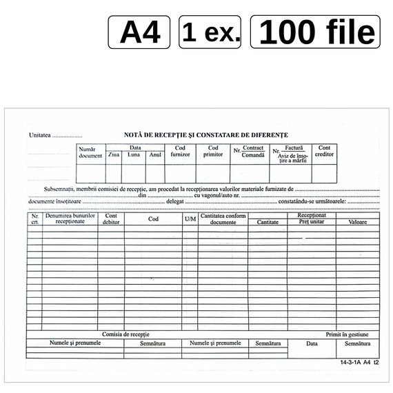 Nota de receptie si constatare diferente, A4, 100 file/set - Papet