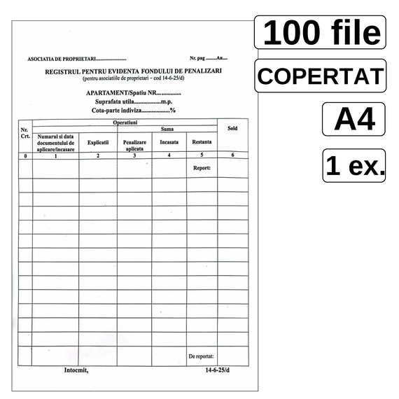 Registru pentru evidenta fondului de penalizari, A4 copertat, 100 file/set - Papet