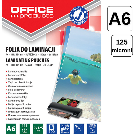 Folie laminare A6, 125 microni, 100 buc/top, OFFICE PRODUCTS - Papet
