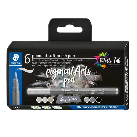 Marker cu varf pensula STAEDTLER Pigment Arts Pen Greys, 6 buc/set - Papet