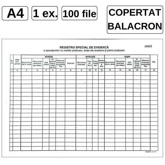 Registru metale si pietre pretioase A4, sigilat, coperta rigida in balacron, 100 file/set - Papet