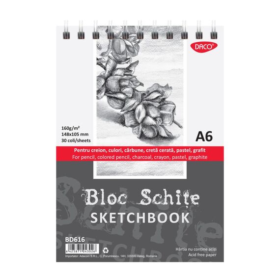 Bloc desen si schite A6 cu spirala, 160g/mp, 30 file, DACO - Papet