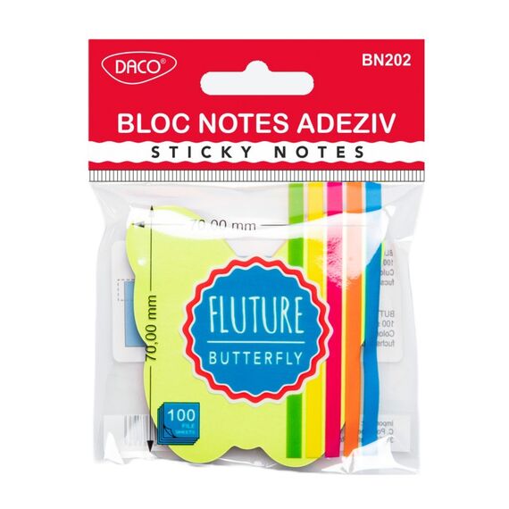 Notes autoadeziv forma FLUTURE, 70x70mm, 100 file, 5 culori neon, DACO - Papet