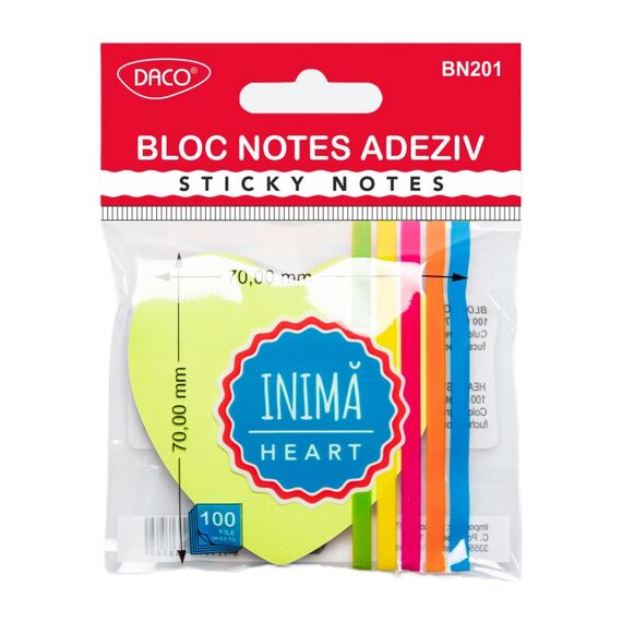 Notes autoadeziv forma INIMA, 70x70mm, 100 file, 5 culori neon, DACO - Papet