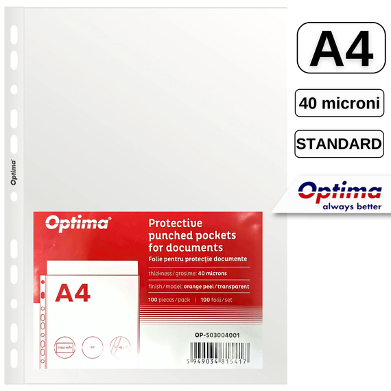 File protectie transparente, 40 microni, 100 buc/set, A4, OPTIMA - Papet