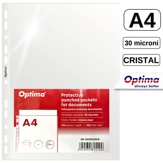 File protectie cristal, 30 microni, 100 buc/set, A4, OPTIMA - Papet