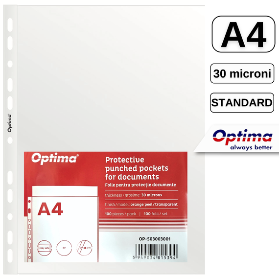 File protectie transparente, 30 microni, 100 buc/set, A4, OPTIMA - Papet