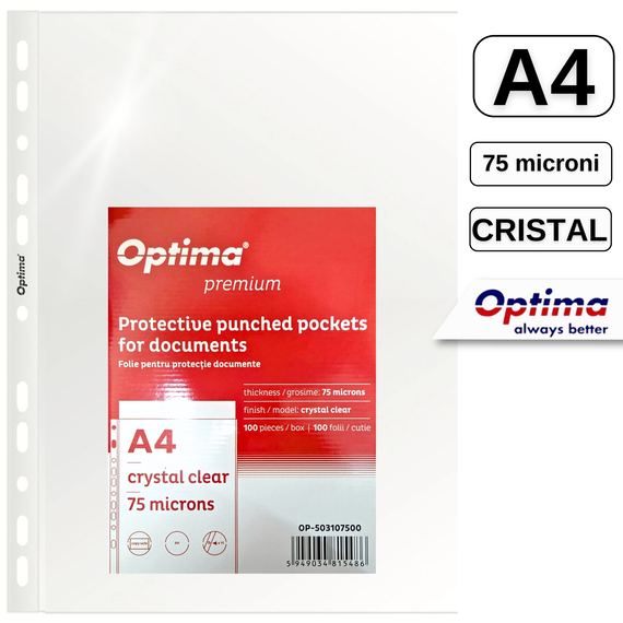 File protectie cristal, 75 microni, 100 buc/set, A4, OPTIMA Premium - Papet