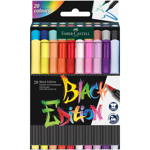 Carioci cu varf pensula, FABER-CASTELL Black Edition, 20 buc/set - Papet