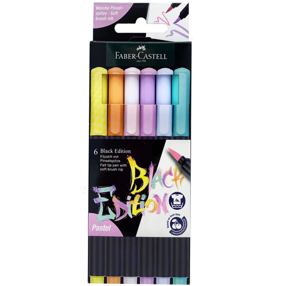 Carioci cu varf pensula, FABER-CASTELL Black Edition Pastel, 6 buc/set - Papet