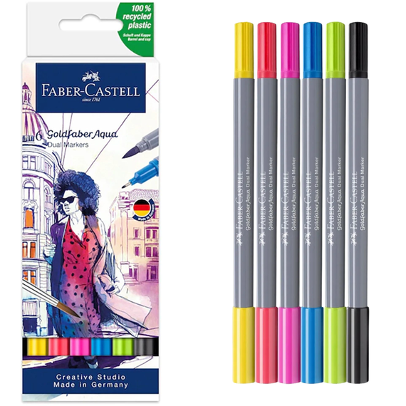 Marker Solubil Basic, cu 2 Capete, FABER-CASTELL Goldfaber Aqua, 6 buc/set - Papet