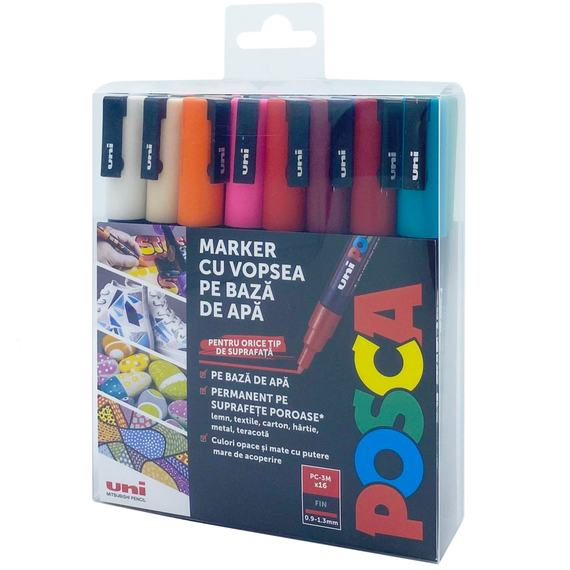 Marker Uni PC-3M POSCA 0.9-1.3 MM, 16 culori/set - Papet