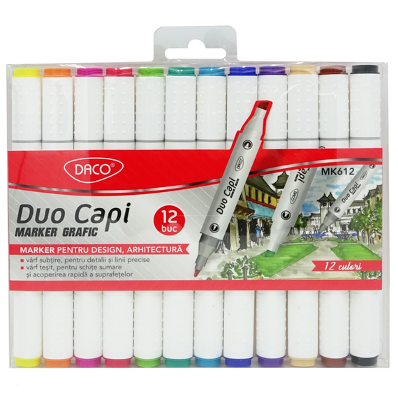 Marker grafic DACO Duo Capi, 12 culori/set - Papet