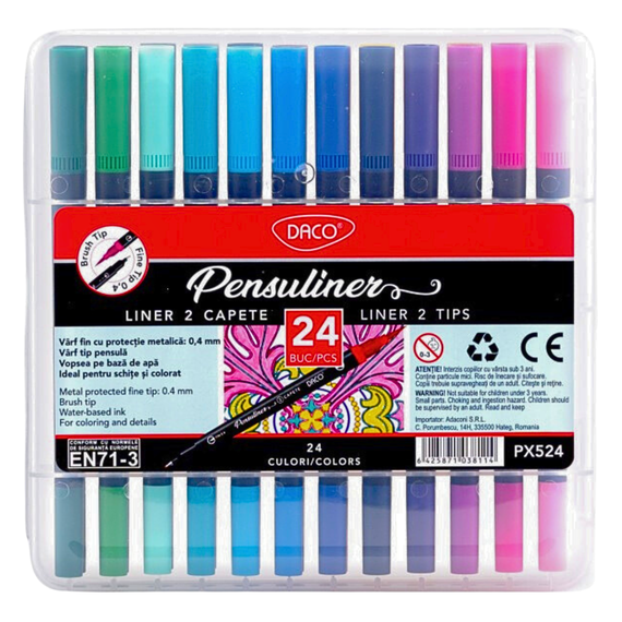 Carioci cu 2 capete, varf pensula si liner, DACO Pensuliner, 24 culori/set - Papet