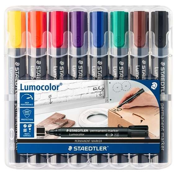 Marker permanent cu varf tesit, STAEDTLER Lumocolor, 8 culori/set - Papet