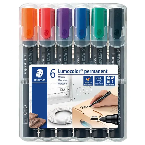 Marker permanent cu varf rotund 2 mm, STAEDTLER Lumocolor, 6 culori/set - Papet