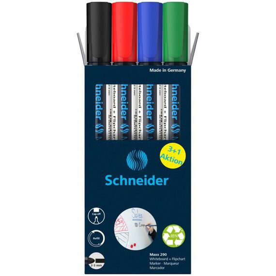 Marker whiteboard si flipchart, SCHNEIDER Maxx 290, 4 culori/set - Papet