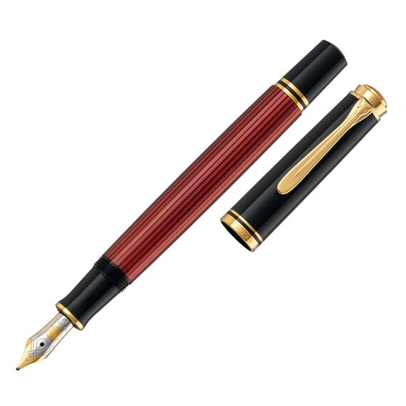 Stilou cu penita aur 14K, accesorii placate cu aur, PELIKAN Souveran M400 M, Negru-Rosu - 3Papet