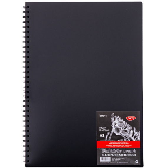 Bloc desen si schite A3 cu spitala, hartie neagra, 140gr/mp, 30 file, DACO - Papet
