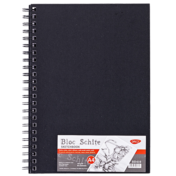 Bloc desen si schite A4 cu spirala, 100g/mp, 80 file, DACO - Papet