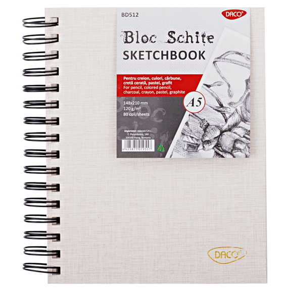 Bloc desen si schite A5 cu spirala, 120g/mp, 80 file, DACO - Papet