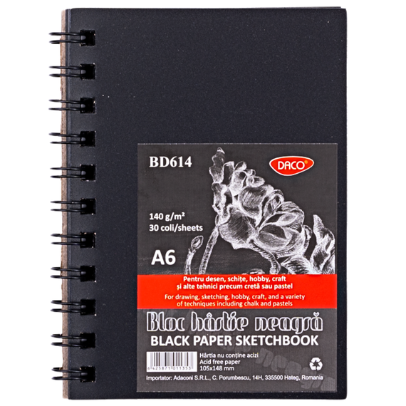 Bloc de desen si schite A6 cu spirala si hartie neagra, 140g/mp, 30 file, DACO - Papet