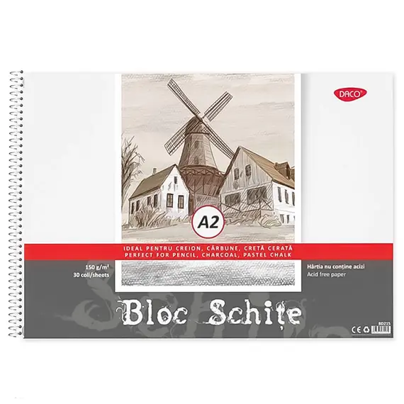 Bloc de desen si schite A2 landscape cu spirala, 150g/mp, 30 file, DACO - Papet